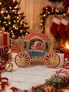 2pcs 3D Christmas Pop-Up Cards, Creative Holiday Paper Cards With Elegant Carriage Design, Suitable For Christmas Celebration Decoration Cards, Surprise Message Cards - Multicolor - View 1