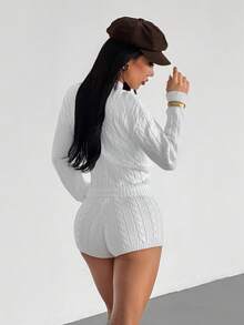 VENORA Stylish Women's White Cable Knit Bodycon Sweater And Shorts Set, Rib-Knit Design, Daily Casual,Sexy,Y2k,Fall/Winter,Halloween - White - View 4