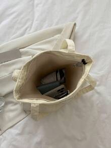 1pc White Corduroy Solid Color Fabric Label Detail Shoulder Tote Bag, Large Capacity Commuter Shoulder Bag, Lightweight Student Tutoring Bag - White - View 6