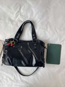 Fashion Solid Color PU Shoulder Tote Bag With Pendant Decoration, Suitable For Women Shopping, Commuting And Daily Use - Black - View 3