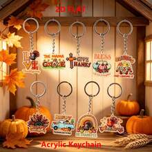 2D Flat, 9pcs Thanksgiving Acrylic Keychain Set, Autumn Thanksgiving Keychains, Blessings And Abundance, Durable Thanksgiving Pendants, Car Keychains, Backpack Decorations, Unisex, Turkey Pumpkin Maple Leaf Gnome Decorations - Multicolor - View 5