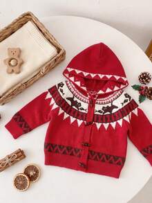 Kids' Christmas Red Knitted Cardigan, Vintage Cat & Geometric Jacquard Hooded Top With Horn Buttons, Unisex - Red - View 3