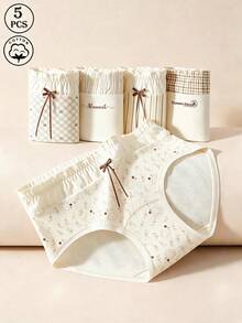 5 buah celana dalam katun wanita dengan motif pita dan garis-garis, desain manis, bagian selangkangan lebih lebar, celana dalam segitiga ketat. - MultiWarna - View 1