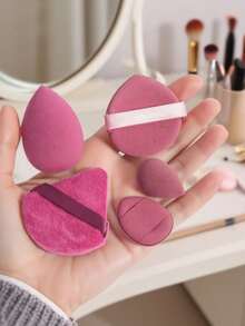 2pcs Makeup Sponge Set: 1 Makeup Foundation Sponge, 1 Mini Makeup Foundation Sponge, 1 Finger Makeup Sponge, 1 Triangle Powder Puff, 1 Cushion Powder Puff Randomly Sent, Affordable Christmas Gift, Makeup Tools - Hot Pink - View 1