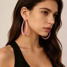Bright Yellow Matte Large Hoop Earrings, Minimalist Oval Frosted Hoop Earrings, Exaggerated Earrings For Women's Summer Vacation And Party - Multicolor - View 5