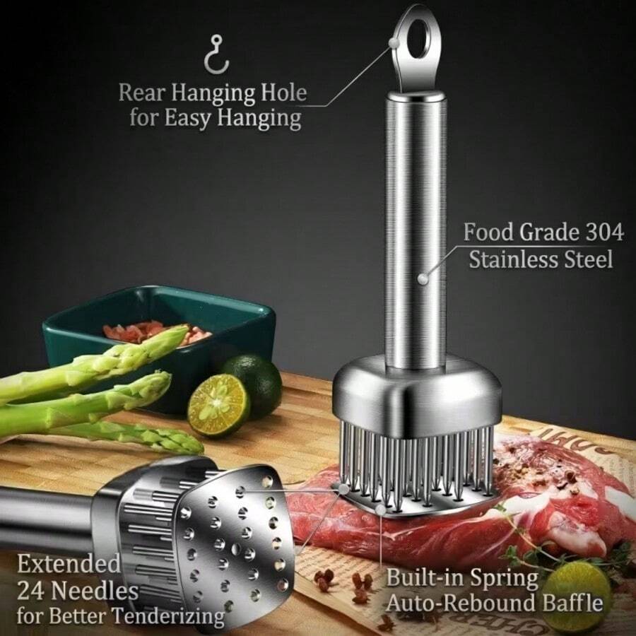 304 Stainless Steel 24-Needle Meat Tenderizer With Built-In Spring Automatic Rebound Baffle, Tail Hanging Hole Design, Stainless Steel Meat Tenderizer Hammer, Suitable For Steak, Beef, Pork, Chicken And Poultry, Ideal For Home Kitchen And Restaurant