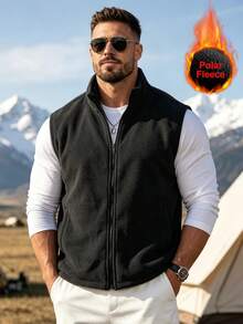 Men's Casual Solid Color Stand Collar Sleeveless Jacket, Fleece Outdoor Jacket, Autumn/Winter Vest - Black - View 6