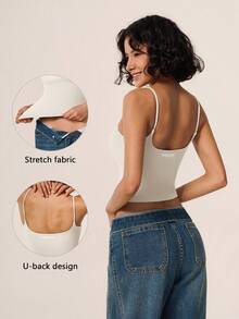 TimeOff 1pc Women Solid Color Spaghetti Strap Backless Camisole With Chest Pads Sports - Beige - View 9