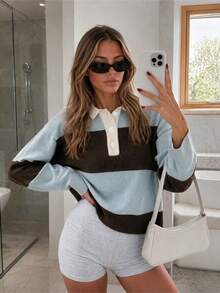 Spring/Autumn Multi-Color Contrast Lapel Long Sleeve Half-Button Cardigan Sweater - Brown and Blue - View 3