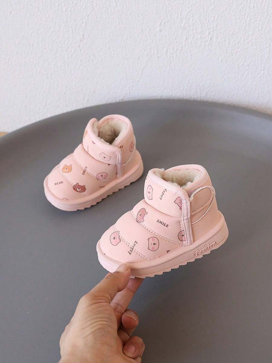 1 Pair Kids Bear Pattern Low-Top Hook & Loop Flat Cute Shoes Suitable For Outings, School, Play, Travel And More[Select Based On Actual Inner Length] - Pink - View 1