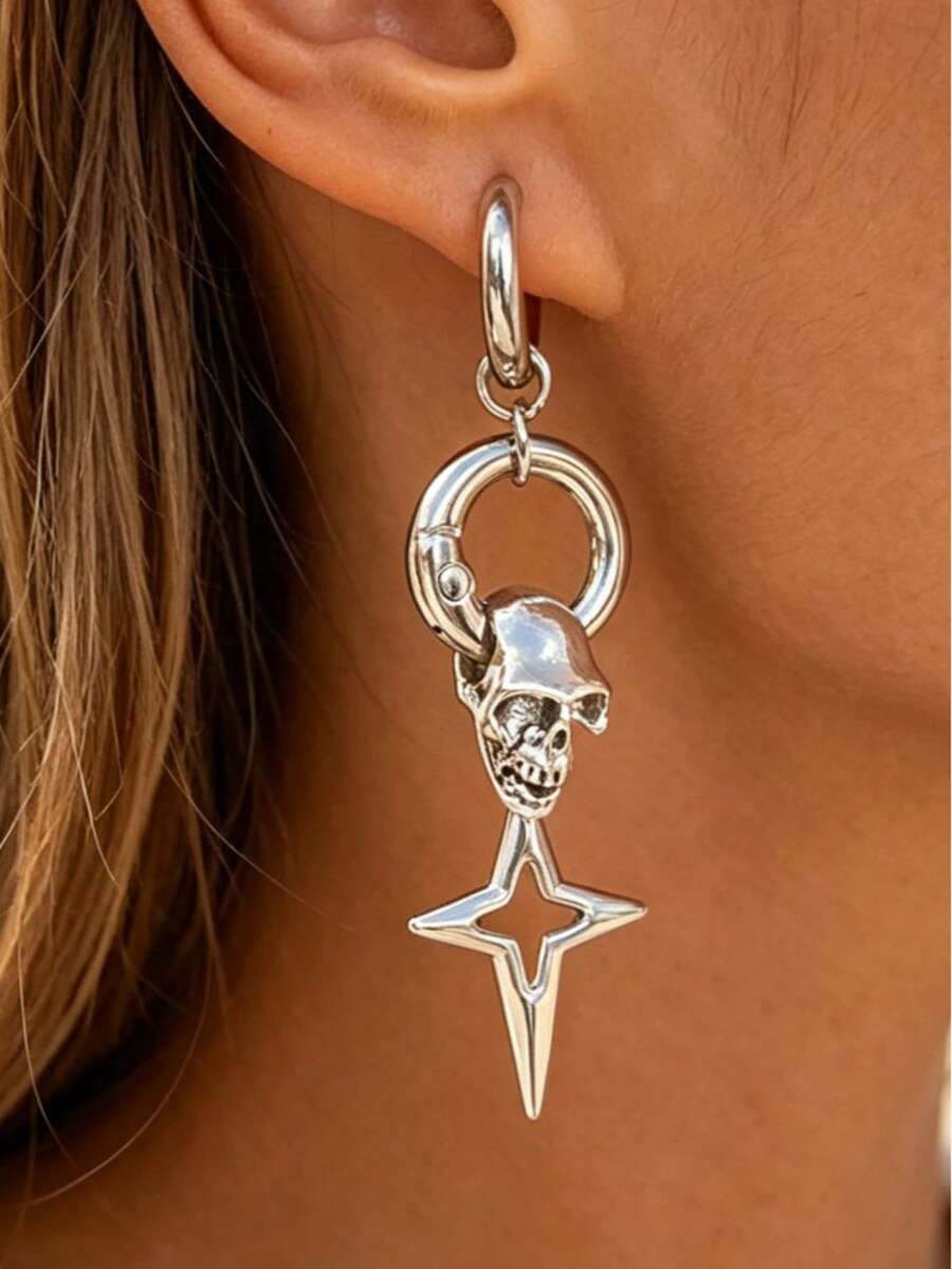 1 Pair Personalized Punk Hip-Hop Skull Cross Star Dangle Earrings, Stainless Steel Long Ear Hooks Sweet Cool Hot Girl Dark Gothic Women's Earrings, Suitable For Daily Wear, Party, Music Festival, Halloween, Jewelry Accessories - Silver - View 1