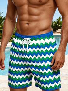 Men's Drawstring Waist Wave Print Casual Beach Shorts - Multicolor - View 1