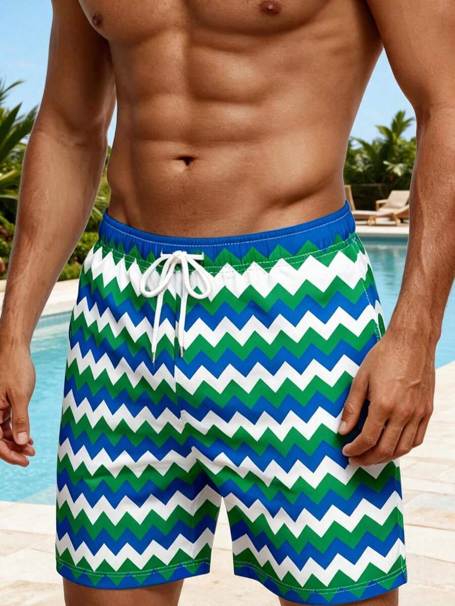 Men's Drawstring Waist Wave Print Casual Beach Shorts - Multicolor - View 1