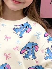 Young Girl Cartoon Pattern Round Neck Long Sleeve Sweatshirt And Leggings Casual Set - Apricot - View 5