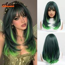 Topshe 18 Inch Medium Length Layered Straight Hair Women's Wig, Dark Green Base With Bright Green Gradient, Full Bangs, Heat-Resistant Synthetic Fiber, Suitable For Anime Cosplay, Halloween, Festival, Nightclub And Short Video Shooting - Piano Color - View 13