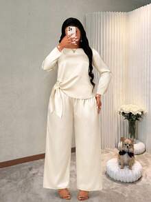 Women's Plus Size 2-Piece Set, Crew Neck Top With Tie Detail, Non-Stretch Fabric, Suitable For Daily Wear - Champagne - View 1