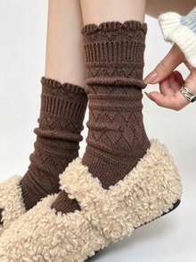 1/4 Pasang Kaos Kaki Wanita Setengah Betis dengan Hiasan Telinga Kayu dan Tekstur Berlian, Kaos Kaki Katun Rajut Kabel Retro, Lembut, Elastis, dan Bernapas, Kaos Kaki Longgar Gaya Kampus Serbaguna dalam Berbagai Warna untuk Musim Gugur/Dingin - MultiWarna - View 6