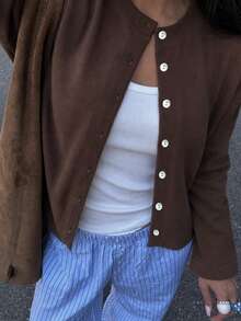 Plus Size Women's Solid Color Long Sleeve Single-Breasted Knit Thin Cardigan, Suitable For All Seasons Outerwear, Brown Autumn Thin Cardigan Sweater - Coffee Brown - View 2