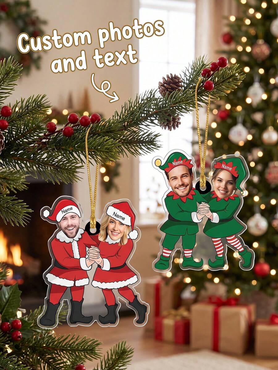 1pc Personalized Couples Matching Christmas Ornament, Custom Photo And Text Elf Christmas Acrylic Ornament, Funny Couple Picture Ornament, Christmas Gift - Multicolor - View 1
