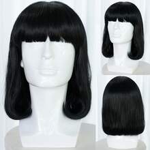 Unisex Black Medium Straight Wig With Full Flat Bangs, Synthetic Hair Costume Wig, Medieval Noble Cosplay Wig For Halloween Carnival Fancy Dress & Themed Event - Multicolor - View 11