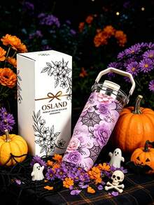 1pc/5pcs 30oz Purple Halloween Floral Insulated Tumbler, Stainless Steel With Handle, Straw And Leak-Proof Flip Lid, Romantic Purple Flower, Spider Web And Pumpkin Print, Suitable For Birthday And Holiday Gifts, Ideal For Travel, Work, Fitness And Daily Outdoor Use - Purple - Floral Spider Web - View 1
