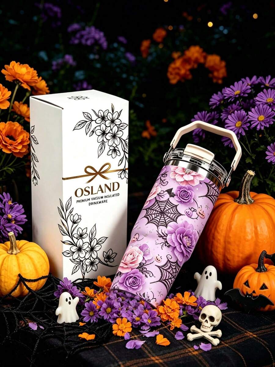1pc/5pcs 30oz Purple Halloween Floral Insulated Tumbler, Stainless Steel With Handle, Straw And Leak-Proof Flip Lid, Romantic Purple Flower, Spider Web And Pumpkin Print, Suitable For Birthday And Holiday Gifts, Ideal For Travel, Work, Fitness And Daily Outdoor Use - Purple - Floral Spider Web - View 1