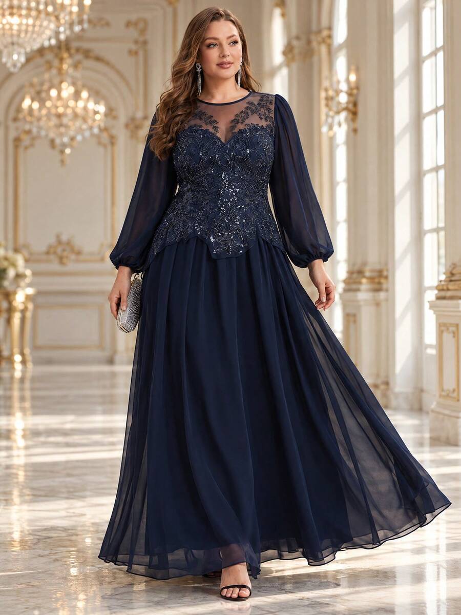 EVERPRETTY Autumn Plus Size Luxury Elegant Heavy Beaded Embroidery Long Sleeve Formal Evening Gown Suitable For Evening Party Formal Occasions Anniversary - Navy Blue - View 1