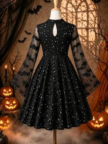 Halloween Girls Big Tween Girl Bat Print Asymmetrical Hem Dress With Small Stand Collar - Black - View 2