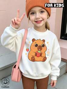 Girls Crew Neck Sweatshirt, Cute Capybara & Strawberry Cartoon Print Long Sleeve Loose Casual Pullover, Kids Fall Basic Sweatshirt - White - View 3