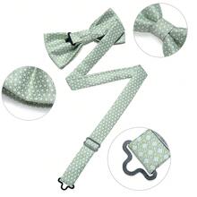 Light Green & White Fine Check Pre-Tied Bow Tie 4-Piece Set, Pocket Square, Cufflinks, Lapel Pin, Business Commute Party Outfit - Mint Green - View 5