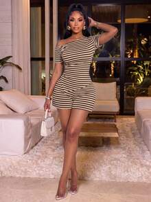 Early Autumn Brown Striped Asymmetrical Short Sleeve Women's 2 Pieces Set, Minimalist Elegant Slim Fit Elastic Outfit, Suitable For Commuting And Outings - Brown - View 5