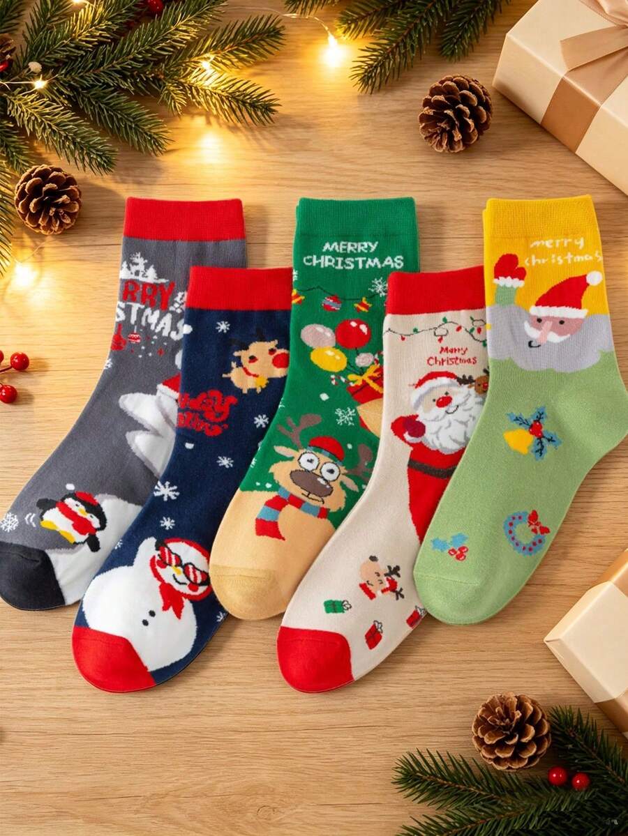 1/3/5 Pairs Women's Christmas Boat Socks, Printed With Santa Claus, Snowman, Gingerbread Man And Other Cartoon Patterns, Mid-Calf Style, Bright Colors, Perfect Choice For Holiday Celebrations, Winter Casual Daily Wear, And Ideal Accessory For Christmas Family Gatherings - Multicolor - View 1