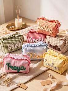 Personalized Plaid Makeup Bag, Customized Name Ruffle Edge Cosmetic Storage Bag, Preppy Style Toiletry Organizer, Gift For Her, Travel Essential - Multicolor - View 2