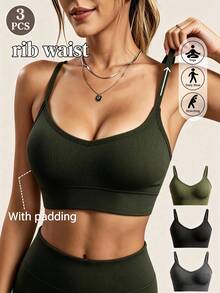3pcs Women's Seamless Striped Camisole Sports Bra, Wireless Comfortable Bra With Built-In Padding, Elastic Soft Lingerie, Suitable For Yoga, Fitness, Daily Workout - Multicolor - View 1