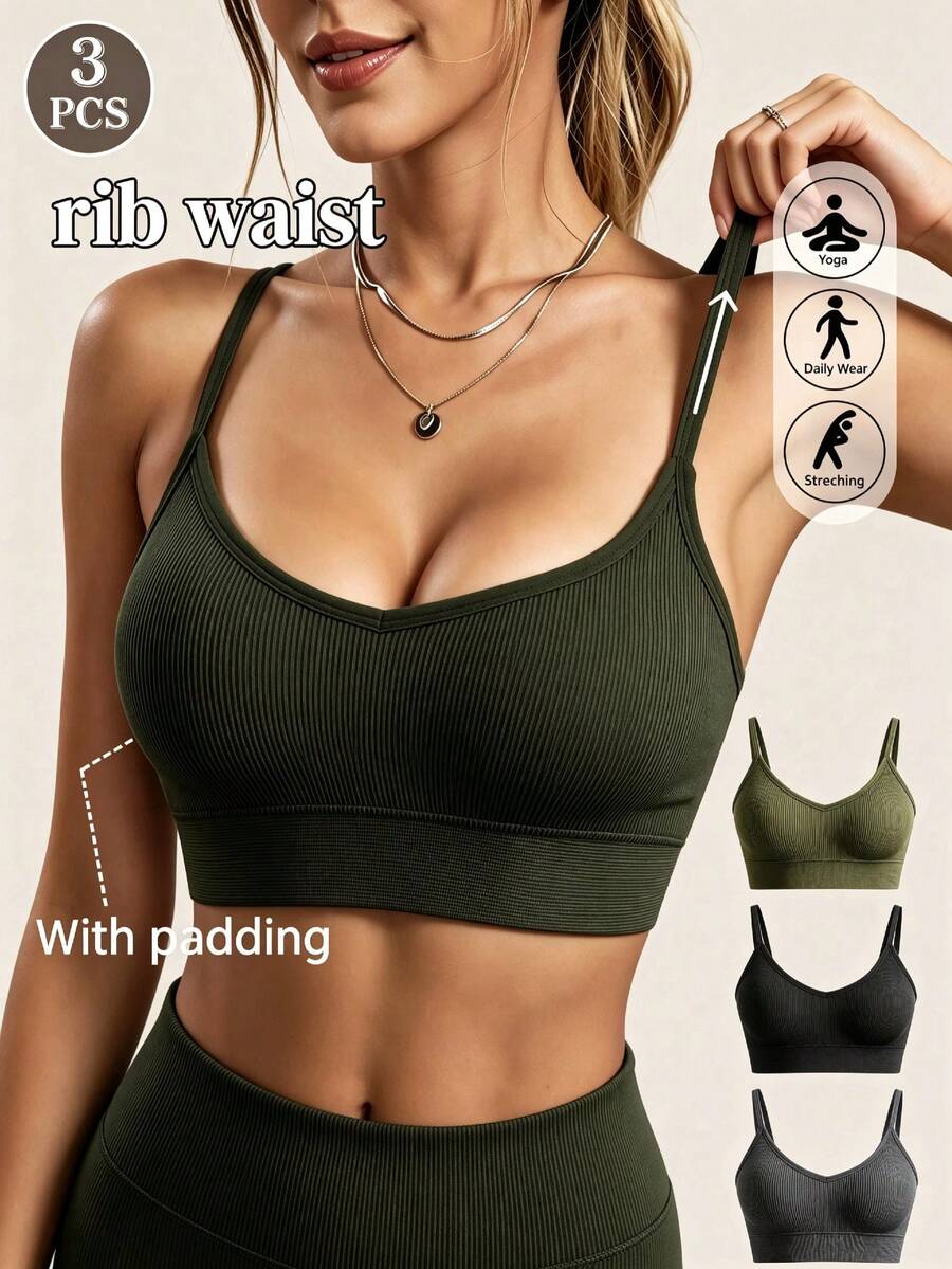 3pcs Women's Seamless Striped Camisole Sports Bra, Wireless Comfortable Bra With Built-In Padding, Elastic Soft Lingerie, Suitable For Yoga, Fitness, Daily Workout - Multicolor - View 1