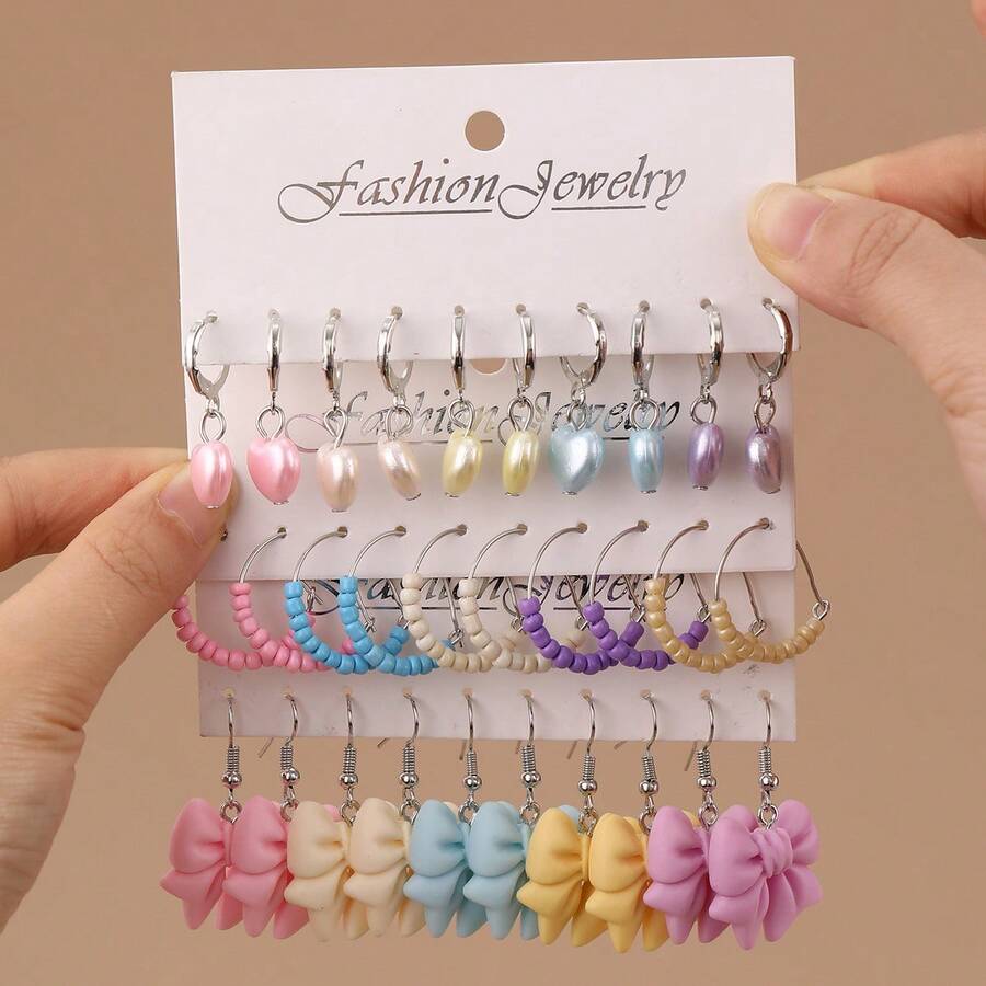 15 Pairs/Set Girls Macaron Color Earring Set, Colorful Bow, Rice Bead ...