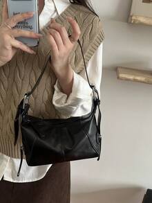 Tas Bahu Kulit Resleting Desain Niche untuk Gadis Keren, Tas Lengan Gaya Vintage Eropa dan Amerika dengan Kantong Resleting, Produk Baru - Hitam - View 6