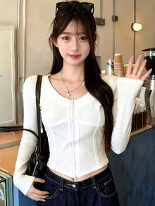 Fashion Y2K Slim Fit Street Style Women's Long Sleeve Top, Spring/Autumn, Retro Casual, Pure White, Short Cropped Tight Fit Large Scoop Neck Double Front Zipper Body-Contouring Split Seam Design - White - View 2