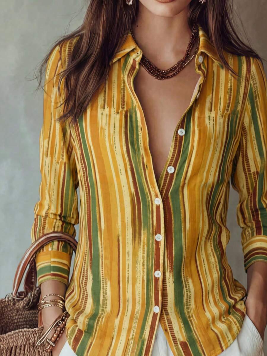 Women's Vintage Striped Button Shirt Collar Long Sleeve Top, Regular Fit Polyester Blouse, Creating A Retro Fashion Look - Yellow - View 1