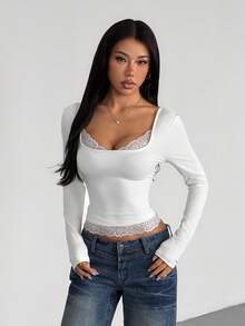 VENORA Women's White U-Neck Long Sleeve T-Shirt With Contrast Lace Trim And Backless Detail,Short Length For Fall,Daily Casual,Sexy,Y2k,Halloween - White - View 1