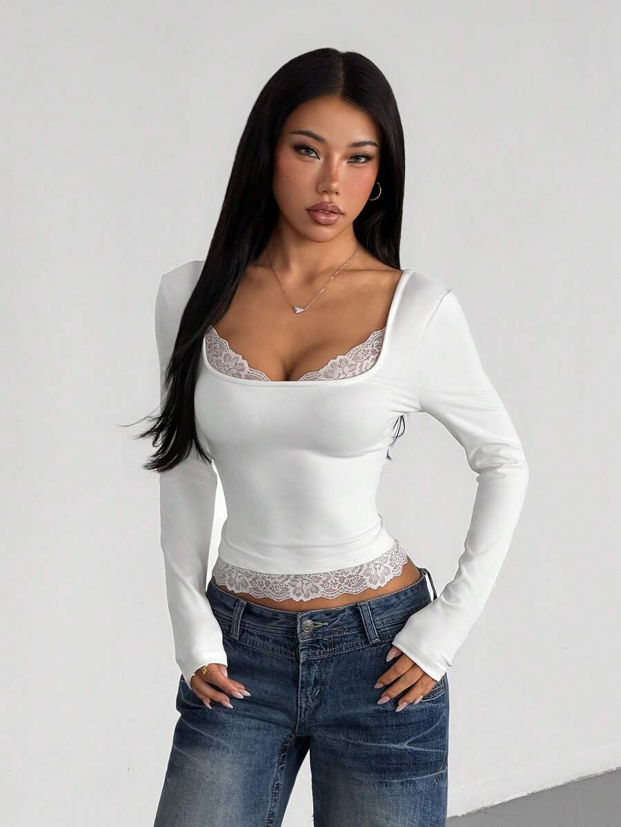 VENORA Women's White U-Neck Long Sleeve T-Shirt With Contrast Lace Trim And Backless Detail,Short Length For Fall,Daily Casual,Sexy,Y2k,Halloween - White - View 1