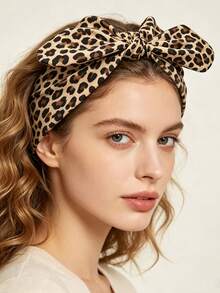5/1pc Women Large Bow Knotted Turban Headwrap, Mixed Leopard Pattern Soft Stretch Wide Headband, Boho Hair Band For Washing Face, Party & Travel - Multicolor - View 6
