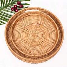 Handmade Woven Rattan Round Fruit Tray, Japanese Style Round Dessert Fruit Dinner Plate Storage Basket, Round Woven Rattan Storage Basket, Wooden Handle Tray, Bread Fruit Cake Food Plate, Home Use Tray - Brown - View 8