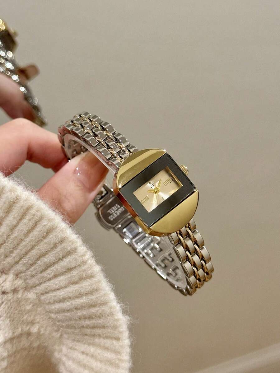 1件獨特方形金色錶盤極簡混色刻度折疊扣女款雙色石英手錶,經典風格,適合日常佩戴 - 銀間金 - 查看 1