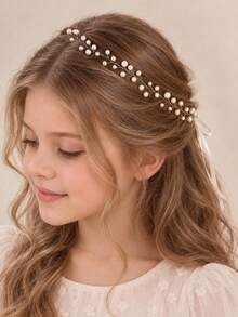 1 Peça Tiara de Cabelo Elegante Feita à Mão com Fio de Cobre Trançado e Pérola Falsa para Meninas, Uso Diário, Escola, Festa de Aniversário, Apresentação & Fotos - Prata - Visão 1