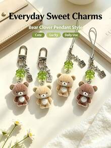 2Bear Keychain Phone Charm,Kawaii Coquette Bag Charm,Flocked Mini Bear Four Leaf Clover Good Luck Star Pendant,Sweet Aesthetic Backpack Key Ring Gift. - Multicolor - View 2
