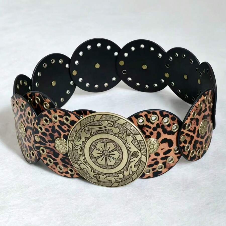 Retro Cowgirl Leopard Concho Wide Waist Belt - Leopard - View 1
