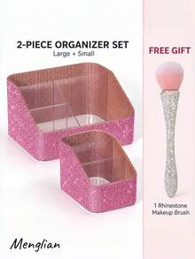 Rhinestone Makeup Organizer, Large & Small Sizes, Single Organizer Or Matching-Color 2pcs Set, Divided Makeup Brush Holder & Nail Art Tool Organizer, Beauty Tool Storage For Vanity, Sparkling Bedroom & Room Decor - Multicolor - View 8