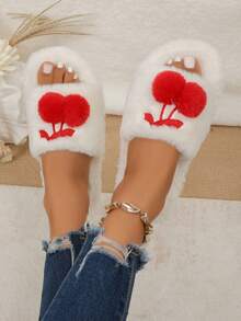 1 Pair Cherry Pom Pom Decor Plush Slippers Women Autumn/Winter Cute Open Toe Fuzzy Cotton House Slippers - White - View 6