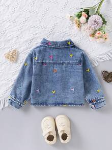 Baby Girl Colorful Heart Embroidered Turn Collar Button Washed Denim Jacket, Children Casual Outerwear - Blue - View 2